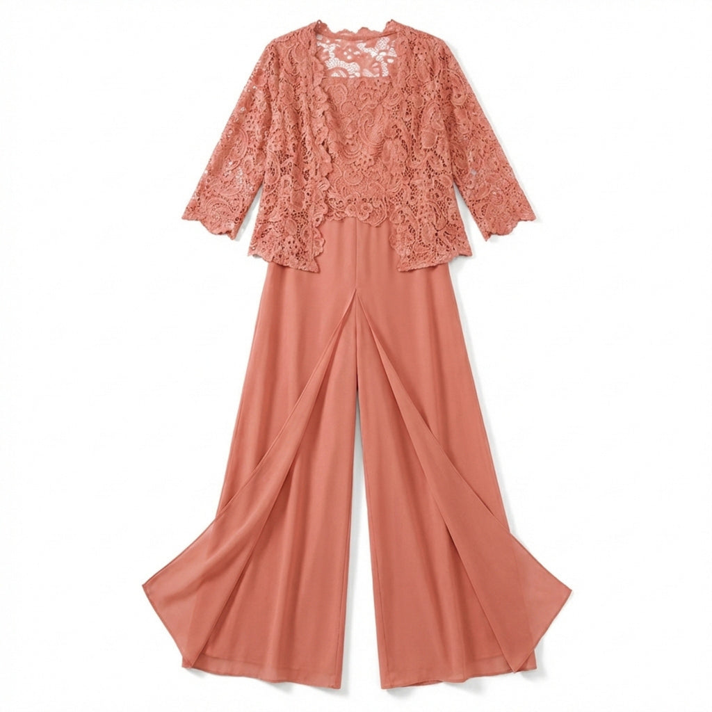Women’s Structured Pantsuit Set – Lace Jacket Split Hem