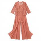 Women’s Structured Pantsuit Set – Lace Jacket Split Hem