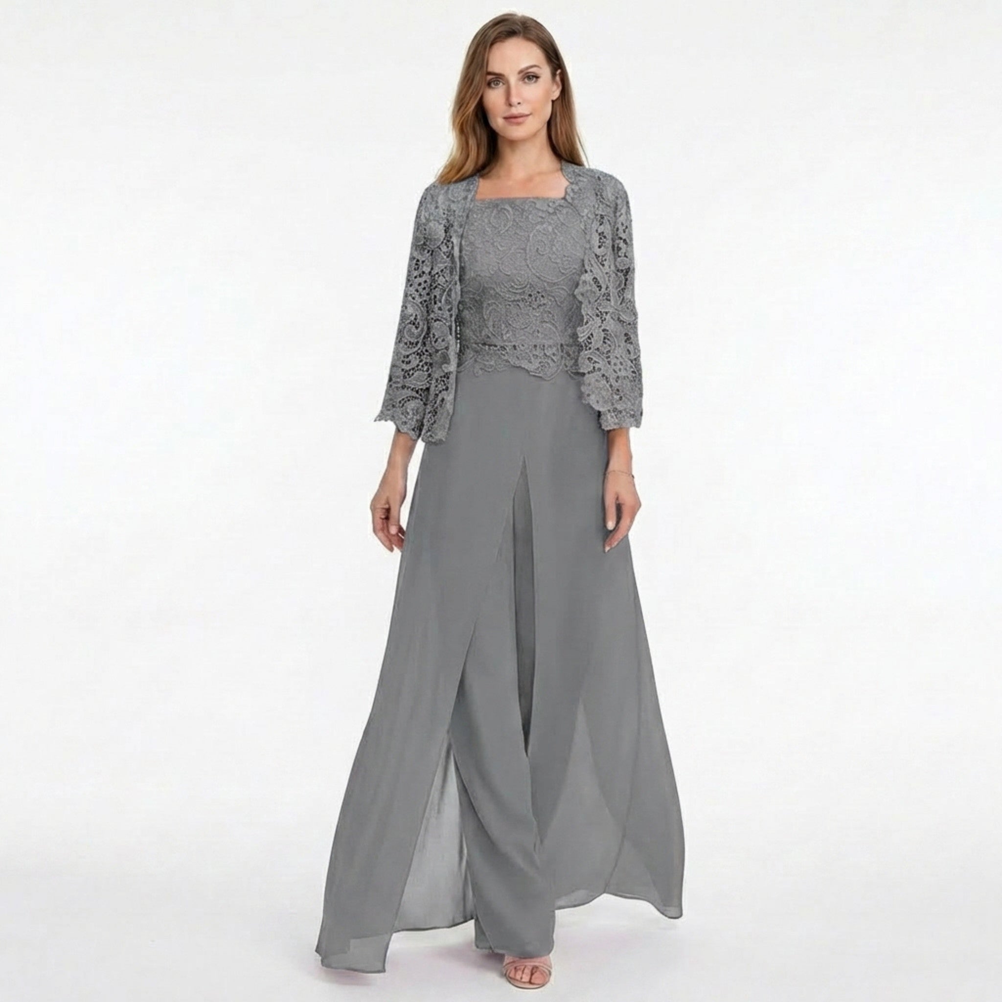 Women’s Structured Pantsuit Set – Lace Jacket Split Hem