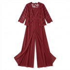 Women’s Structured Pantsuit Set – Lace Jacket Split Hem