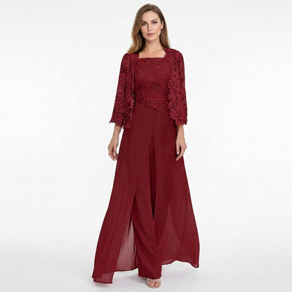 Women’s Structured Pantsuit Set – Lace Jacket Split Hem