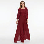Women’s Structured Pantsuit Set – Lace Jacket Split Hem