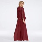 Women’s Structured Pantsuit Set – Lace Jacket Split Hem