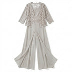 Women’s Structured Pantsuit Set – Lace Jacket Split Hem