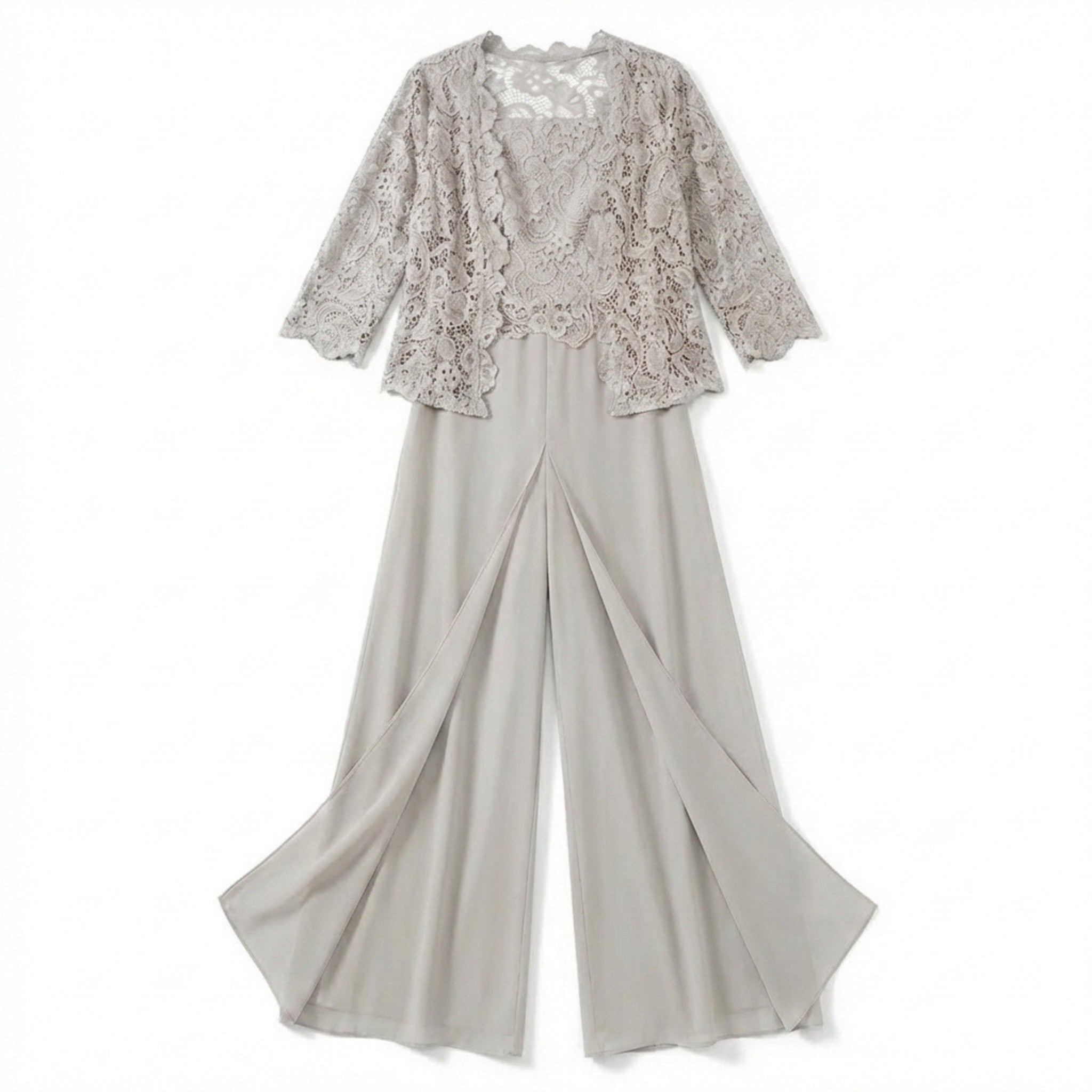 Women’s Structured Pantsuit Set – Lace Jacket Split Hem