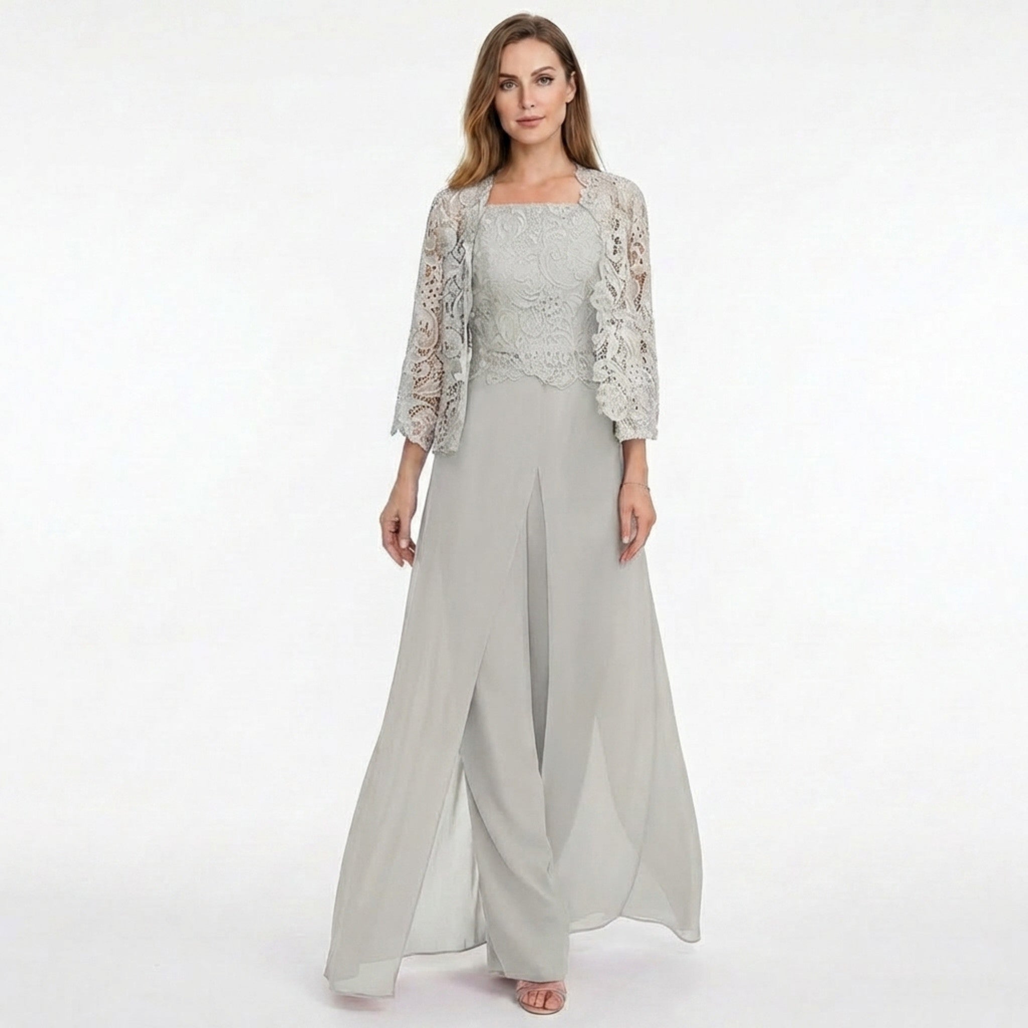 Women’s Structured Pantsuit Set – Lace Jacket Split Hem