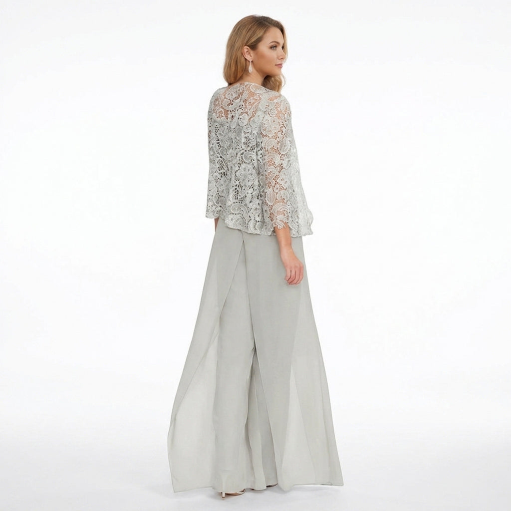 Women’s Structured Pantsuit Set – Lace Jacket Split Hem