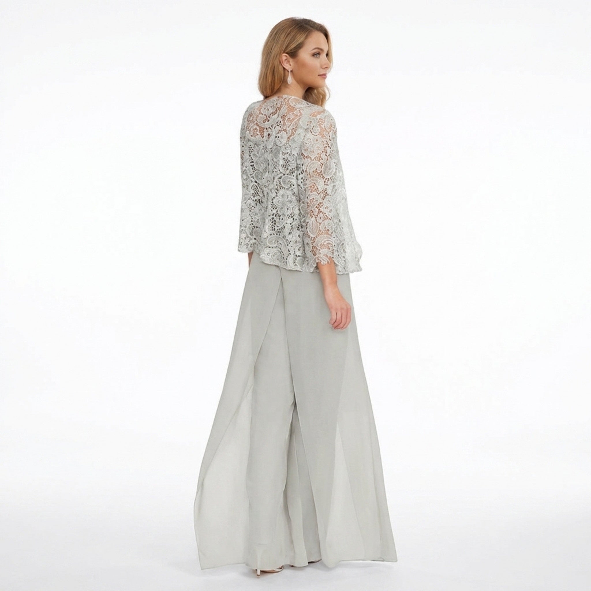 Women’s Structured Pantsuit Set – Lace Jacket Split Hem