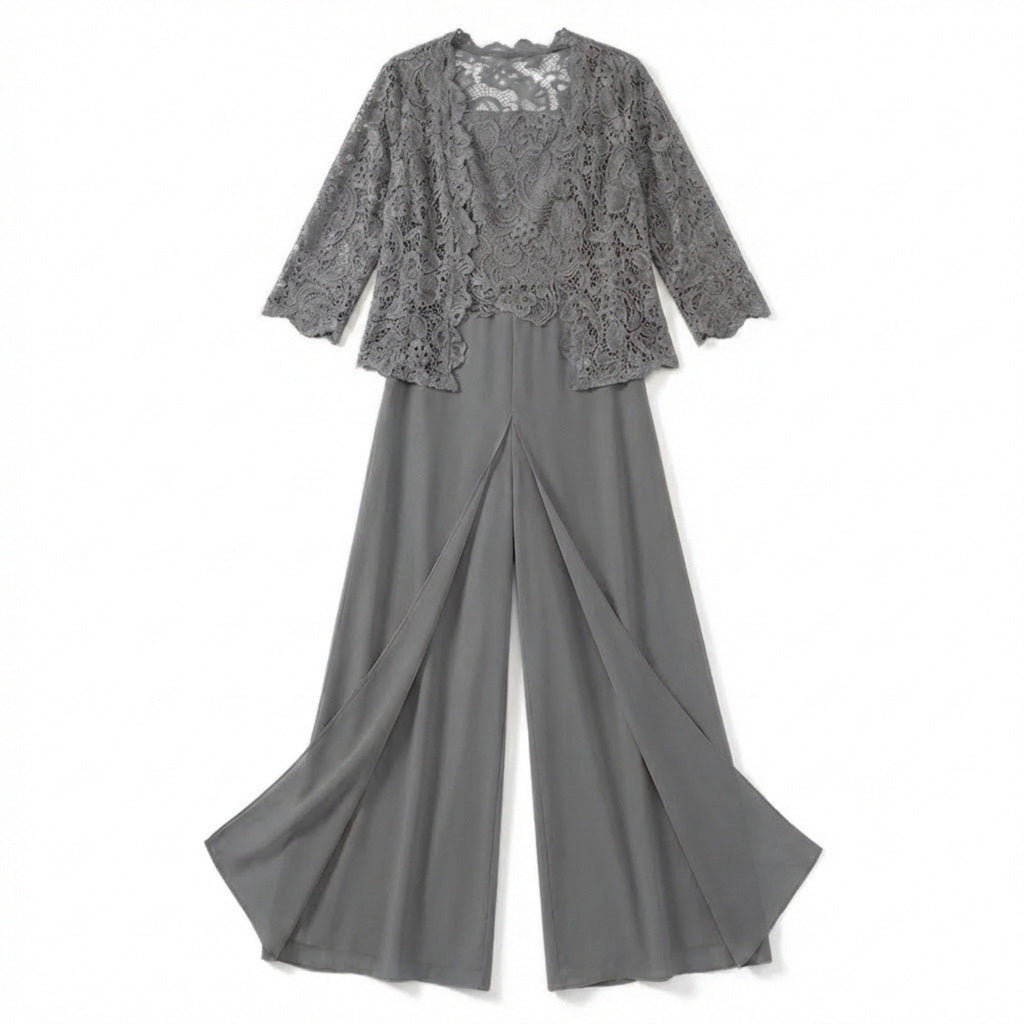 Women’s Structured Pantsuit Set – Lace Jacket Split Hem