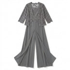 Women’s Structured Pantsuit Set – Lace Jacket Split Hem