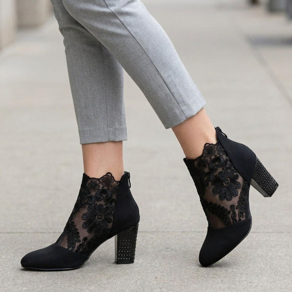 Women’s Lace Panel Block Heel Pumps – Sheer Ankle Style