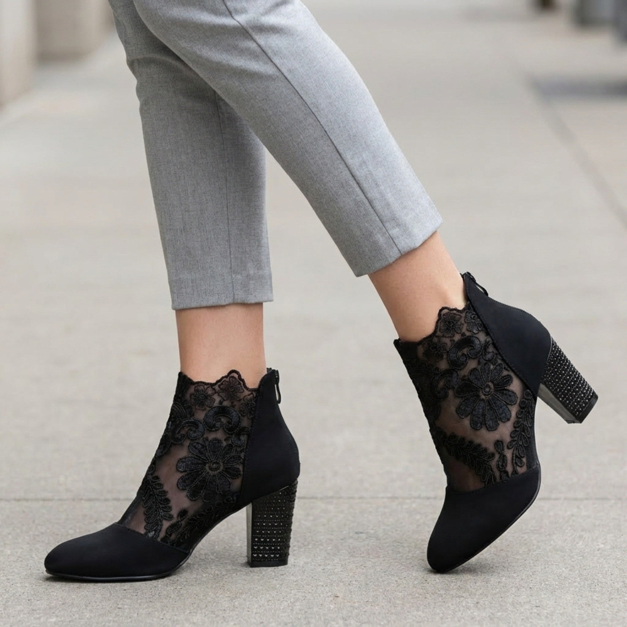 Women’s Lace Panel Block Heel Pumps – Sheer Ankle Style