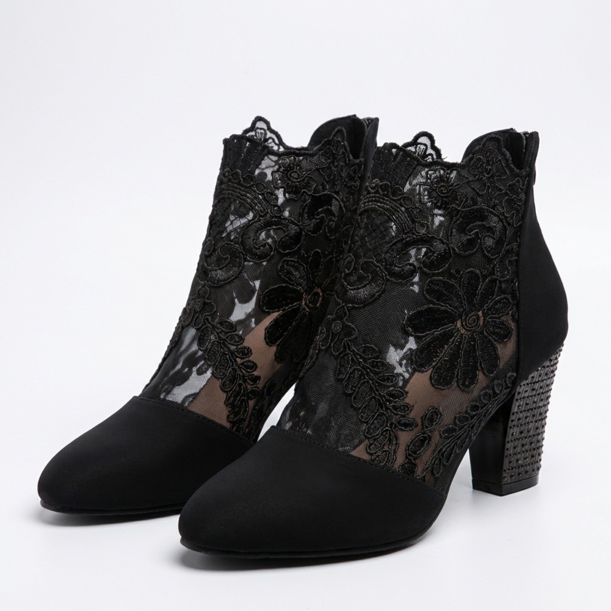 Women’s Lace Panel Block Heel Pumps – Sheer Ankle Style