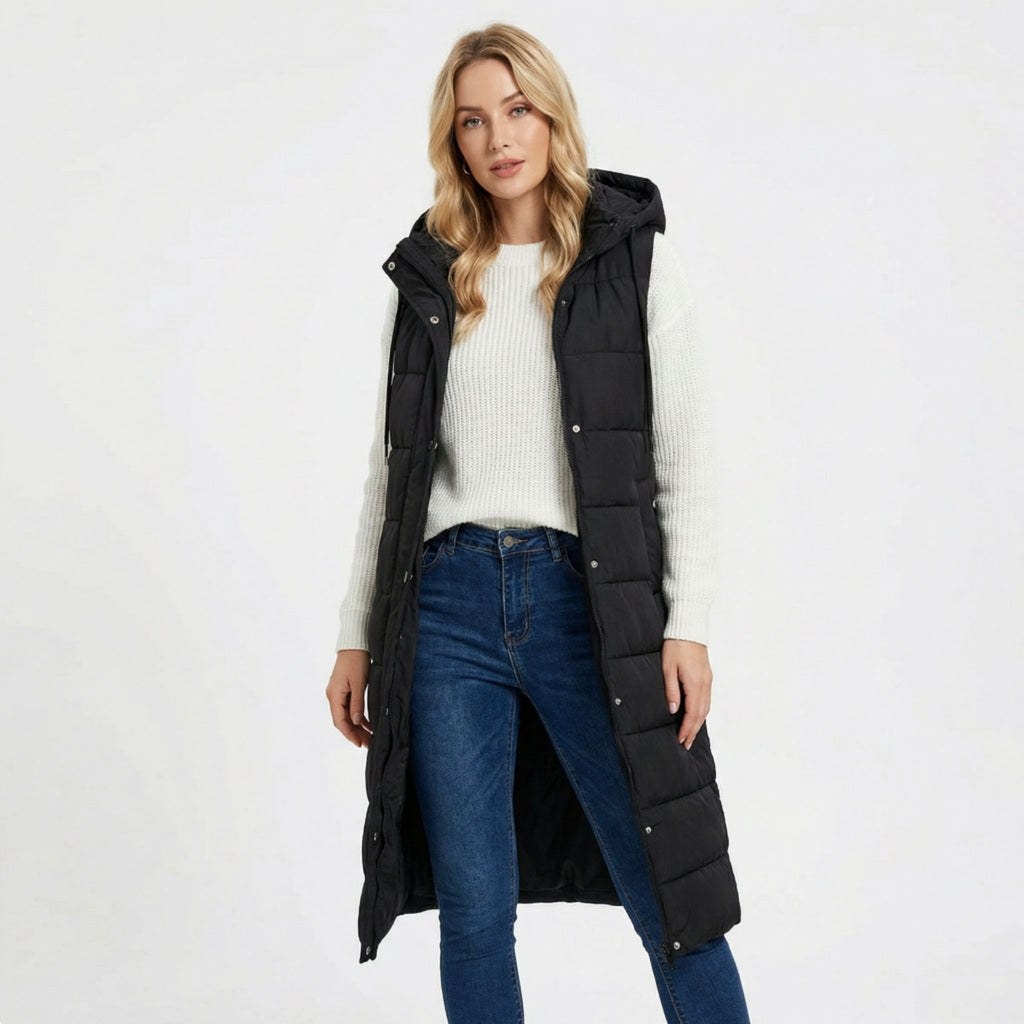 Women’s Long Padded Hooded Vest – Sleek Casual Layering Style