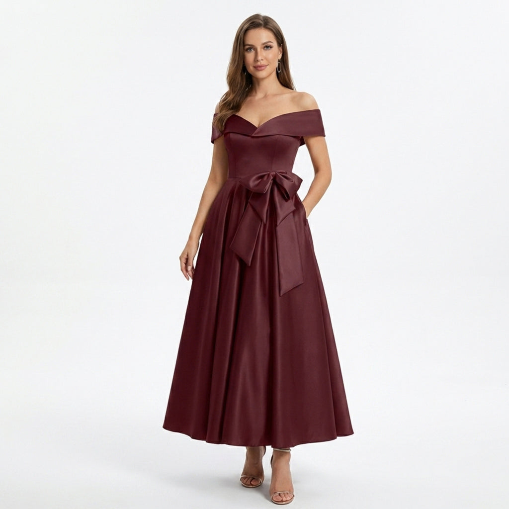 Women’s Off Shoulder Midi Dress – A Line Satin