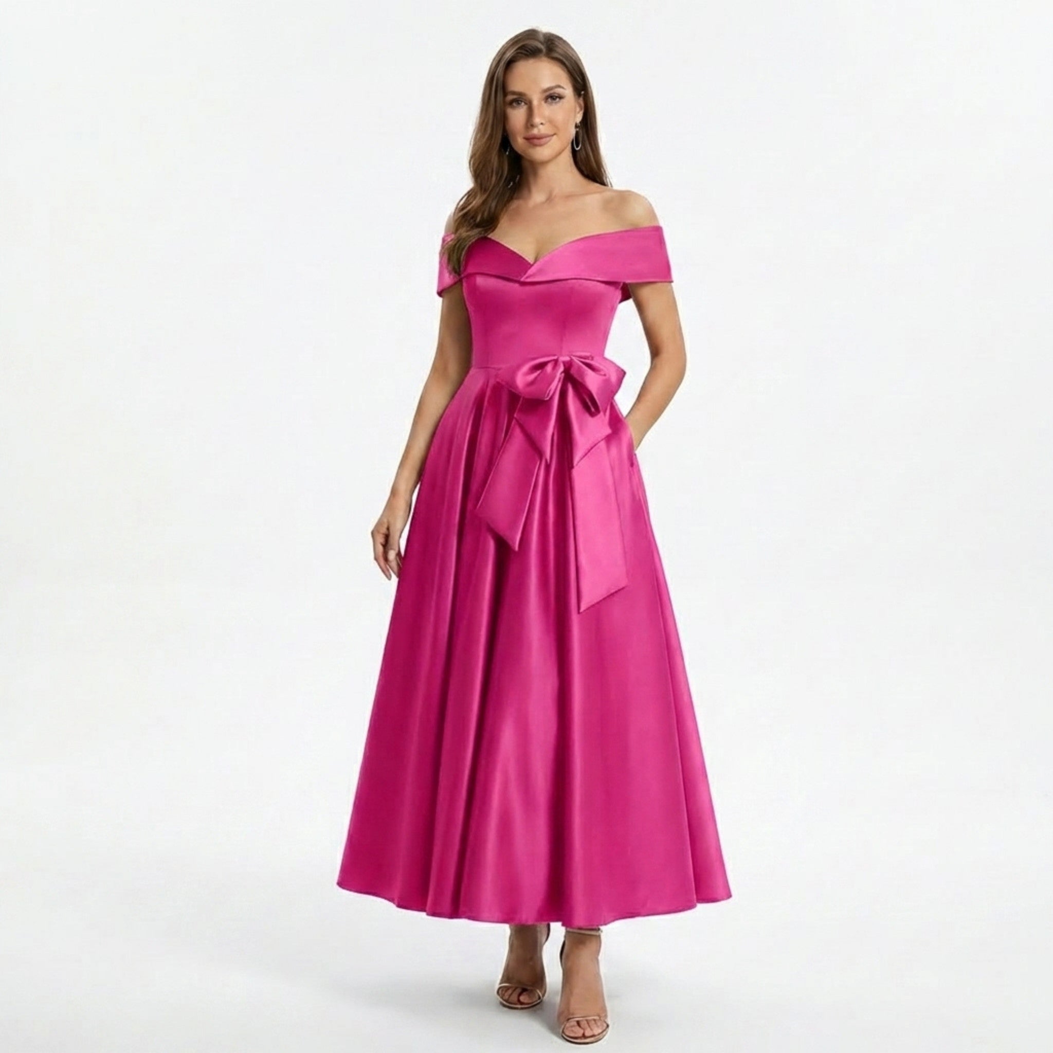 Women’s Off Shoulder Midi Dress – A Line Satin