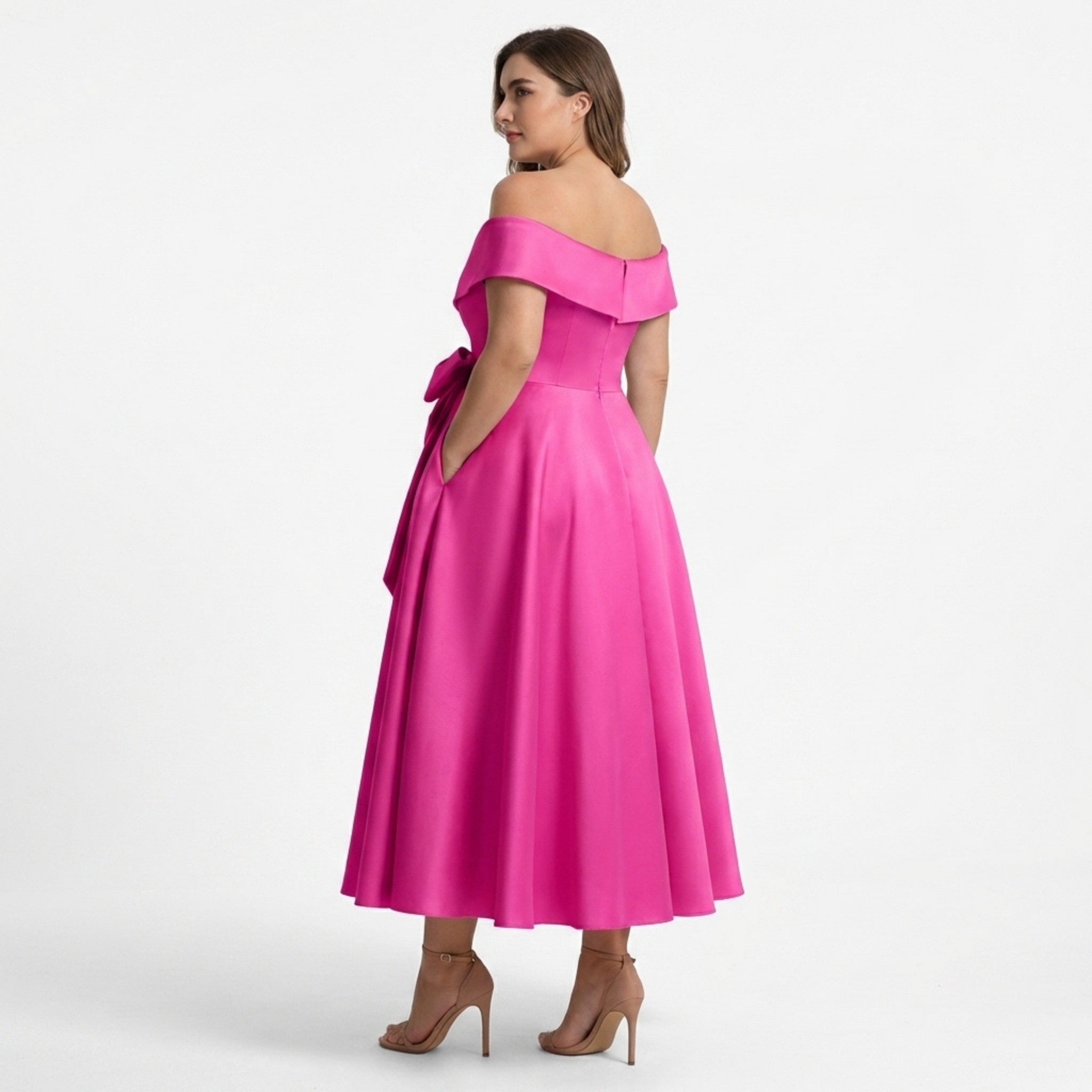 Women’s Off Shoulder Midi Dress – A Line Satin