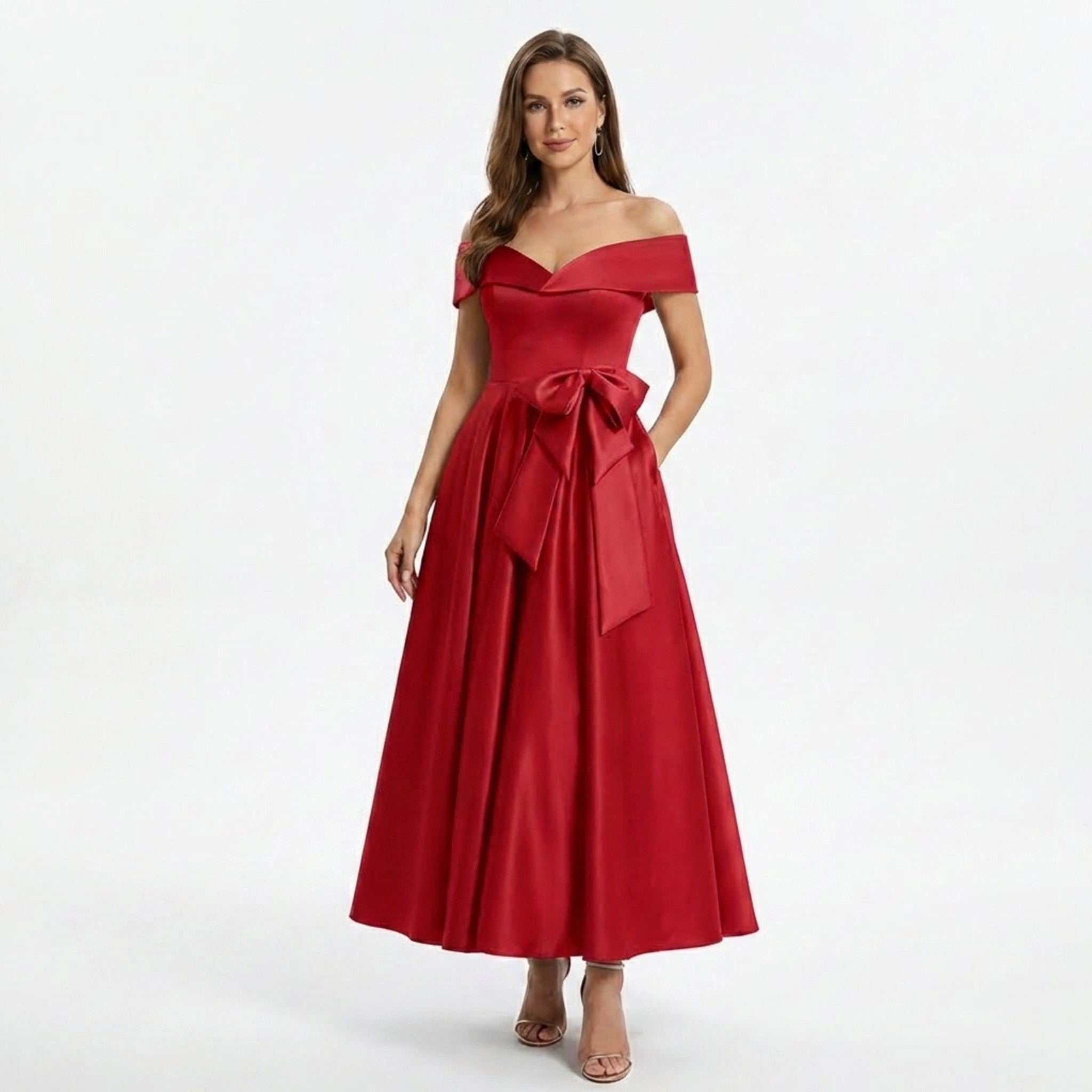 Women’s Off Shoulder Midi Dress – A Line Satin