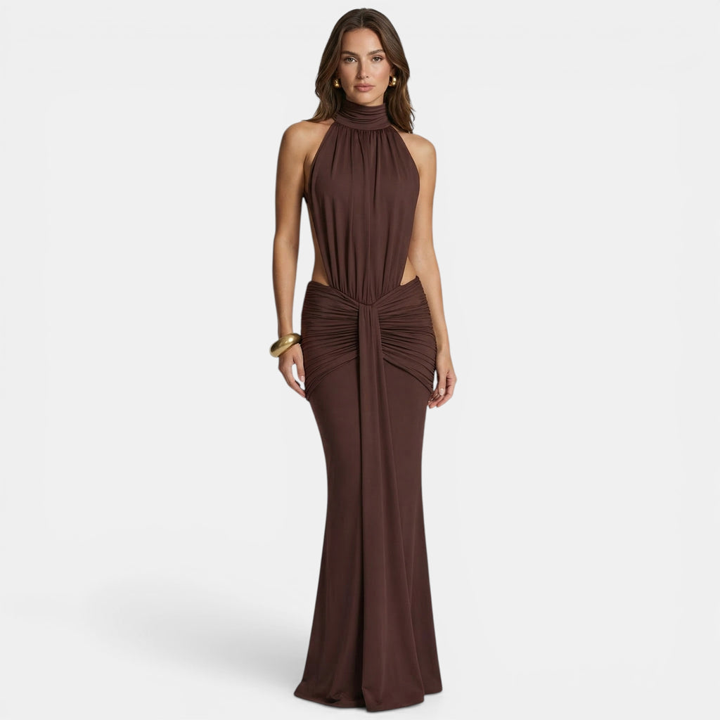 Women’s Off-Shoulder Backless Maxi Dress – Sleeveless Ruffle Design