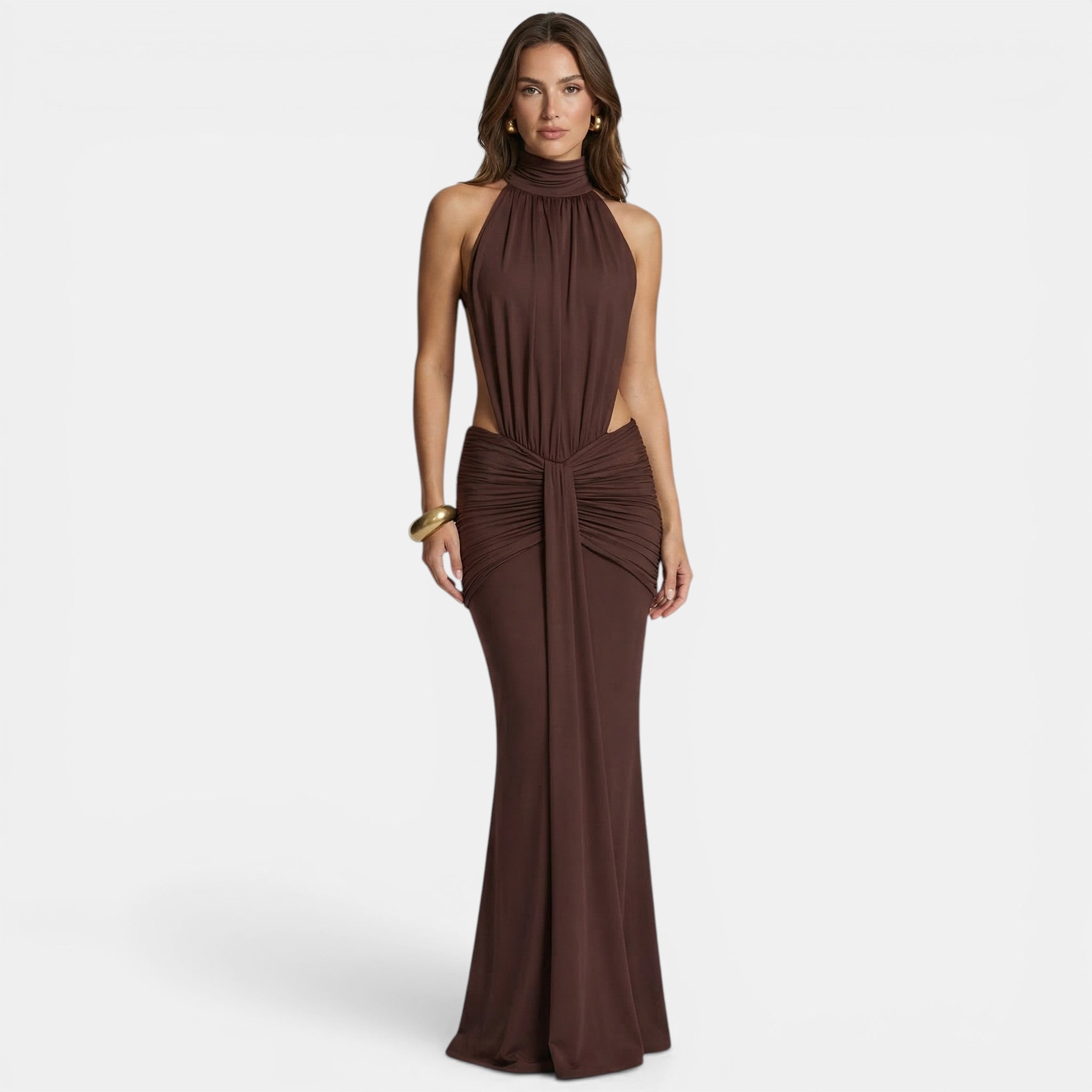 Women’s Off-Shoulder Backless Maxi Dress – Sleeveless Ruffle Design