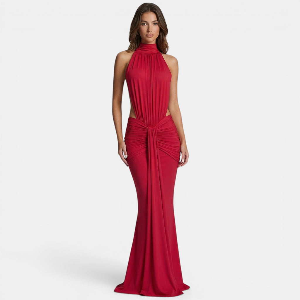 Women’s Off-Shoulder Backless Maxi Dress – Sleeveless Ruffle Design