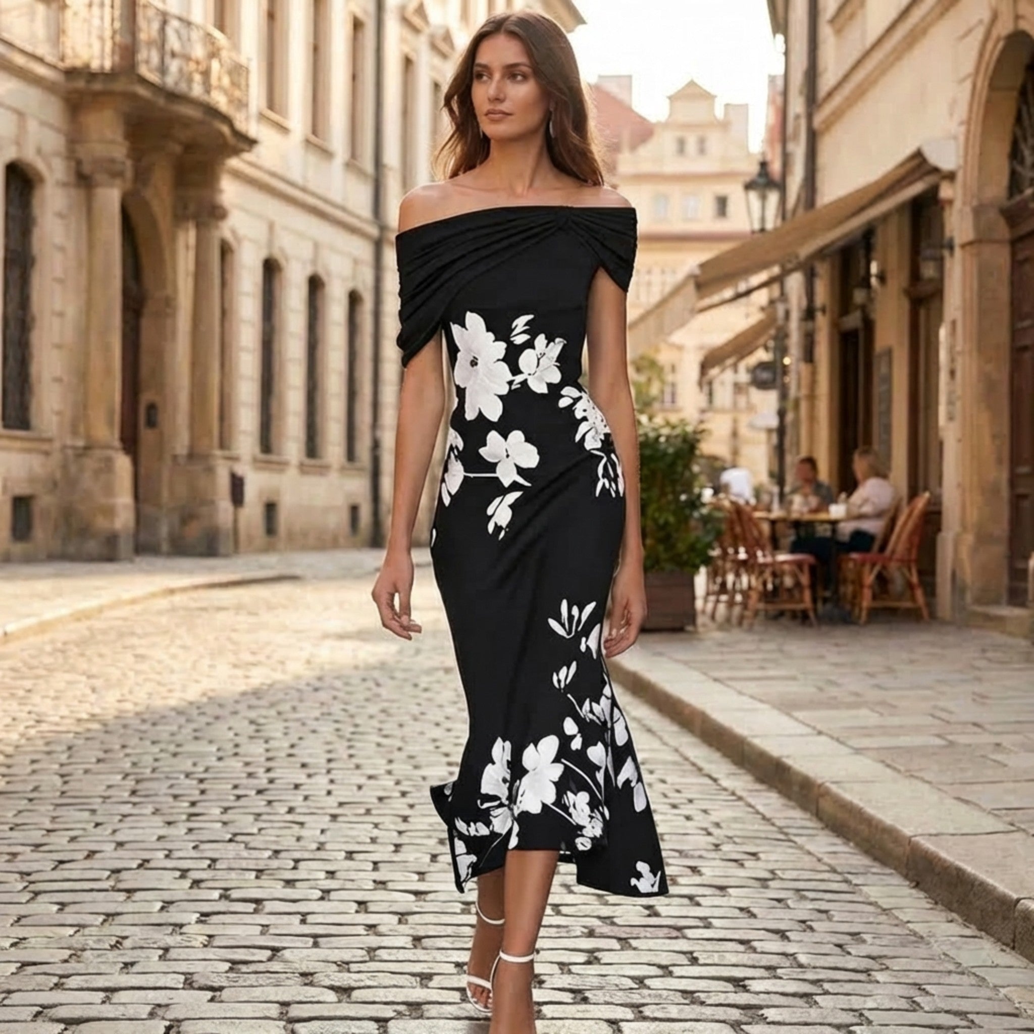 Women’s Off-Shoulder Floral Midi Dress – Ruched Ruffle Hem