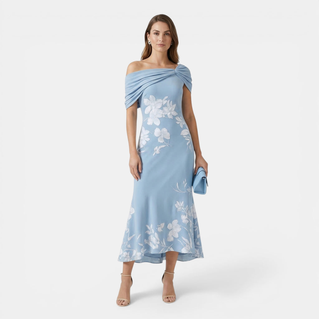 Women’s Off-Shoulder Floral Midi Dress – Ruched Ruffle Hem