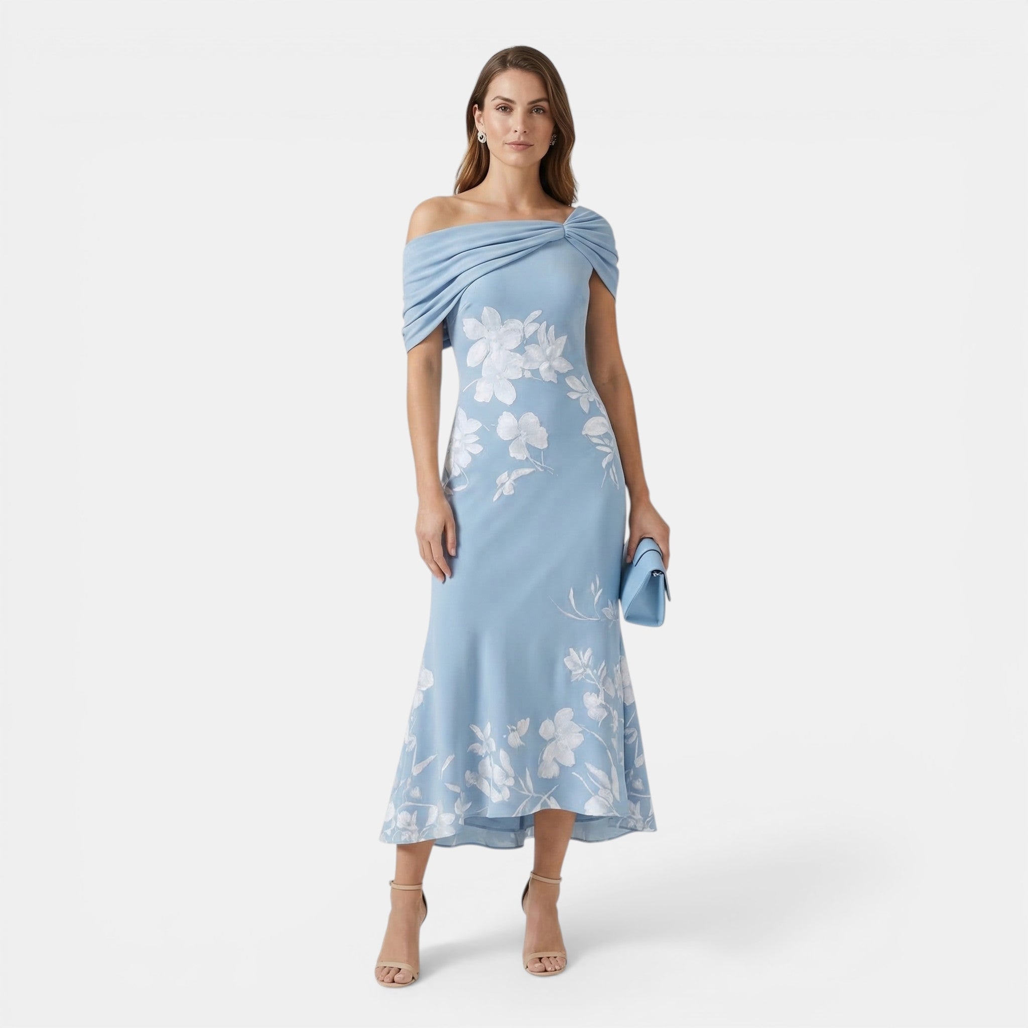 Women’s Off-Shoulder Floral Midi Dress – Ruched Ruffle Hem