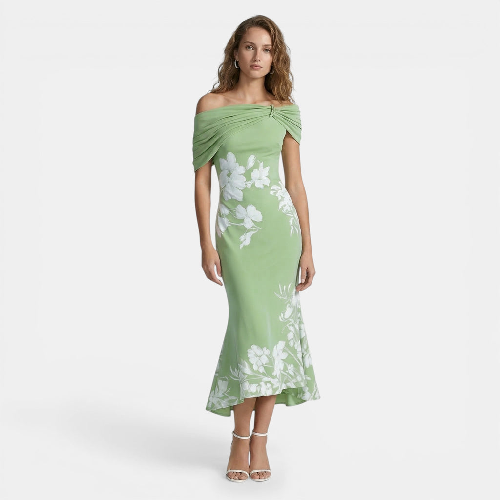 Women’s Off-Shoulder Floral Midi Dress – Ruched Ruffle Hem