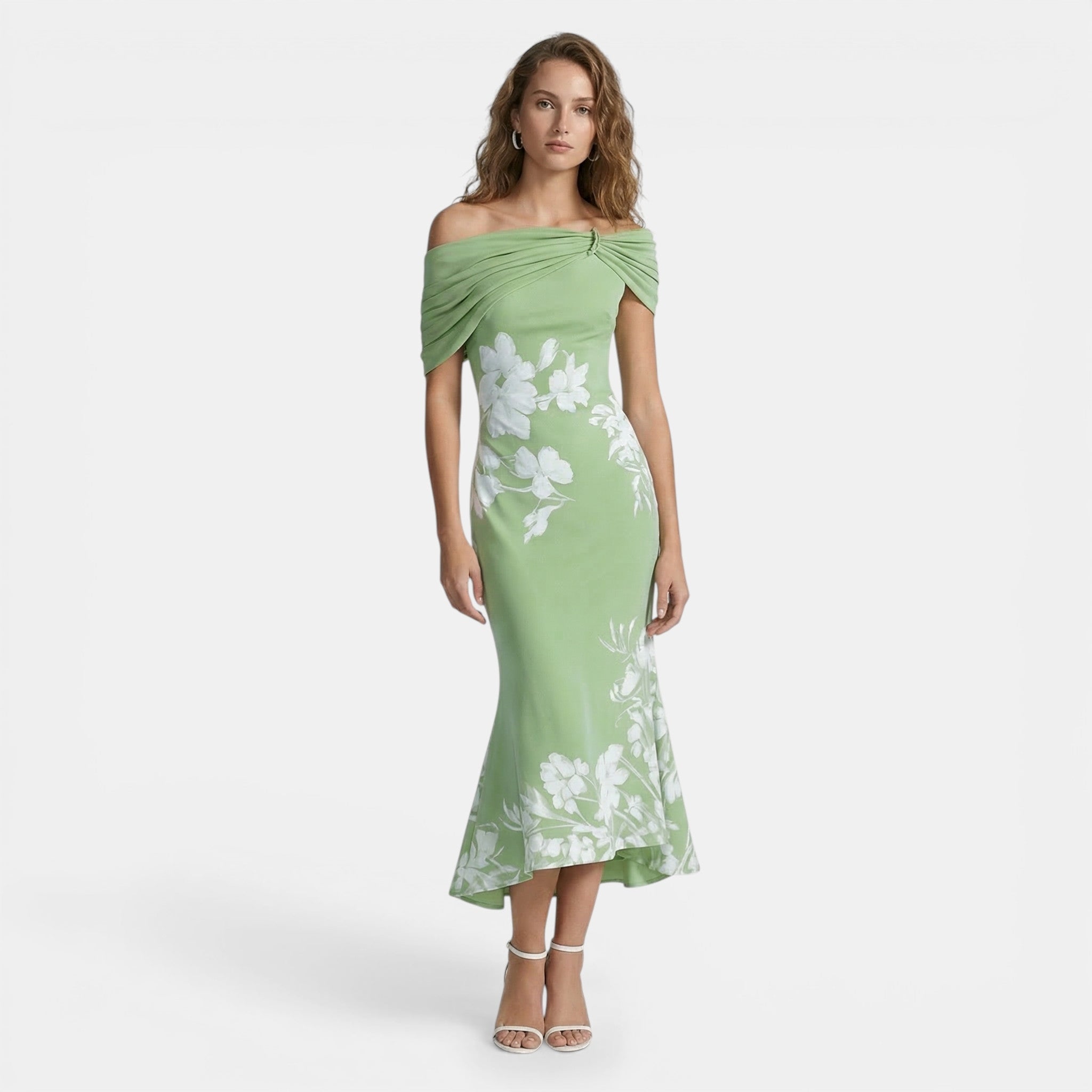 Women’s Off-Shoulder Floral Midi Dress – Ruched Ruffle Hem
