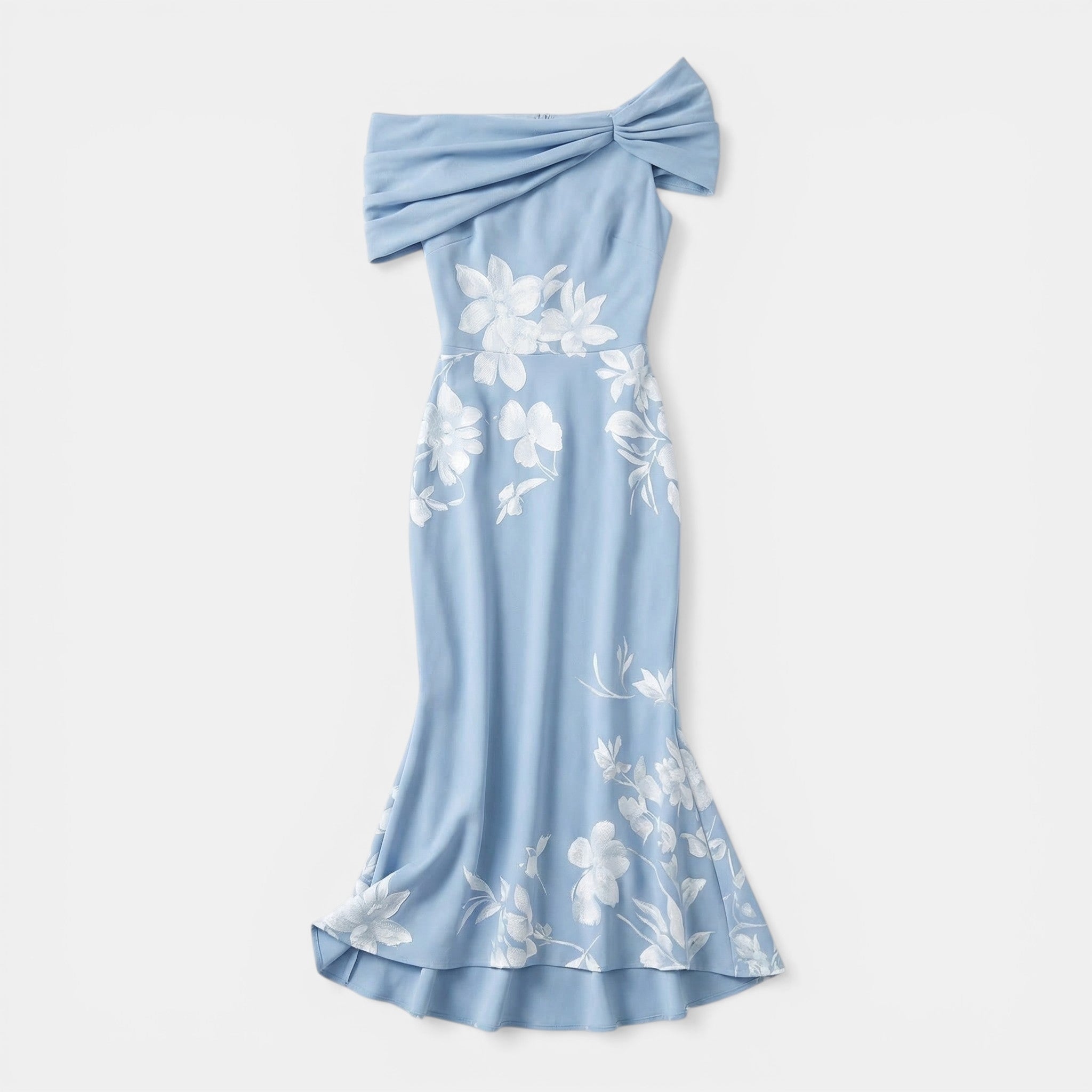 Women’s Off-Shoulder Floral Midi Dress – Ruched Ruffle Hem