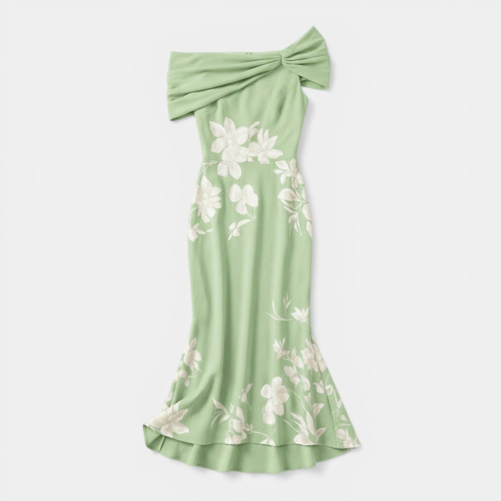 Women’s Off-Shoulder Floral Midi Dress – Ruched Ruffle Hem
