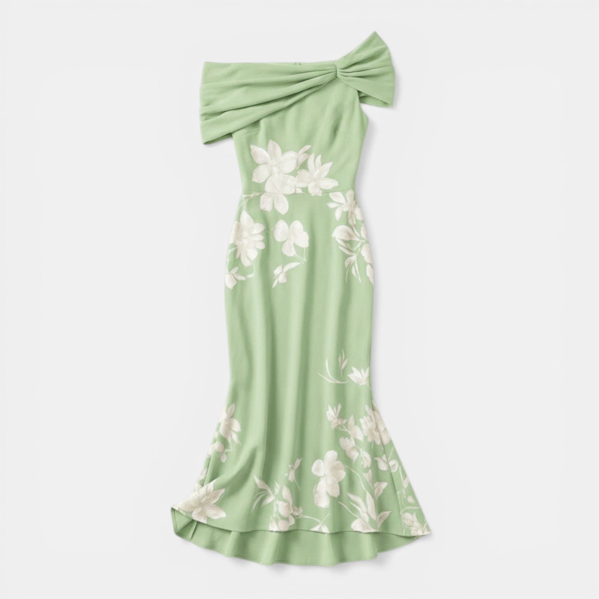 Women’s Off-Shoulder Floral Midi Dress – Ruched Ruffle Hem