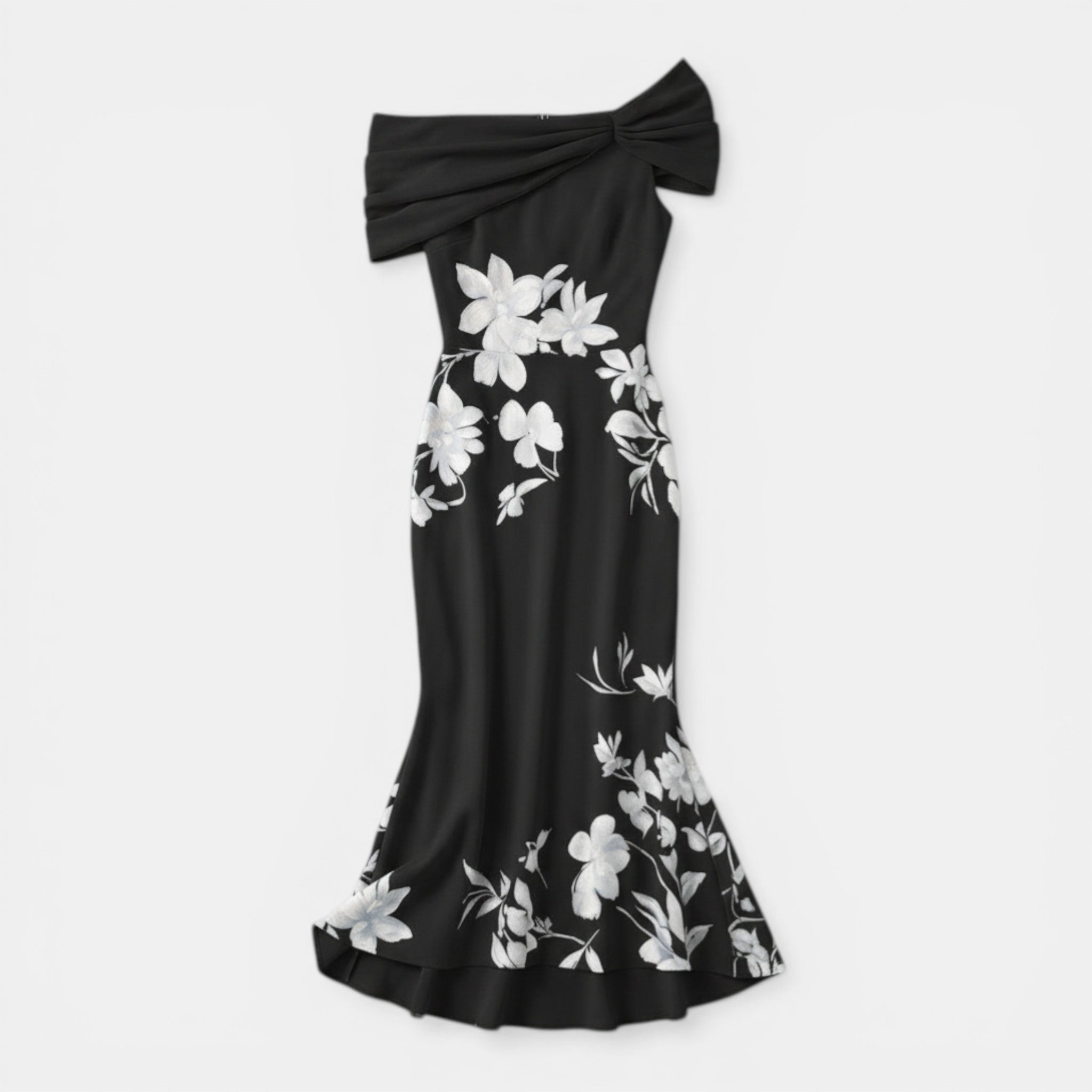 Women’s Off-Shoulder Floral Midi Dress – Ruched Ruffle Hem