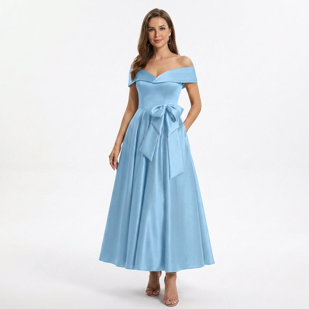 Women’s Off Shoulder Midi Dress – A Line Satin