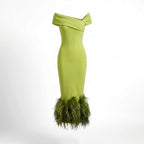 Women’s Off Shoulder Midi Dress – Feather Hem Sheath