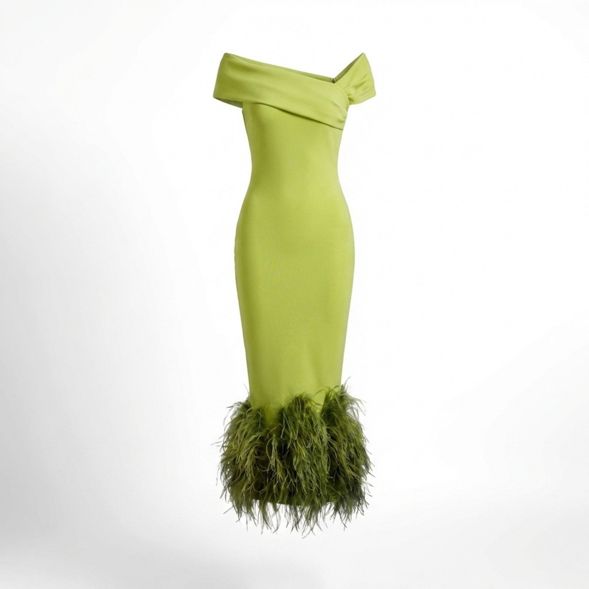 Women’s Off Shoulder Midi Dress – Feather Hem Sheath