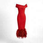 Women’s Off Shoulder Midi Dress – Feather Hem Sheath