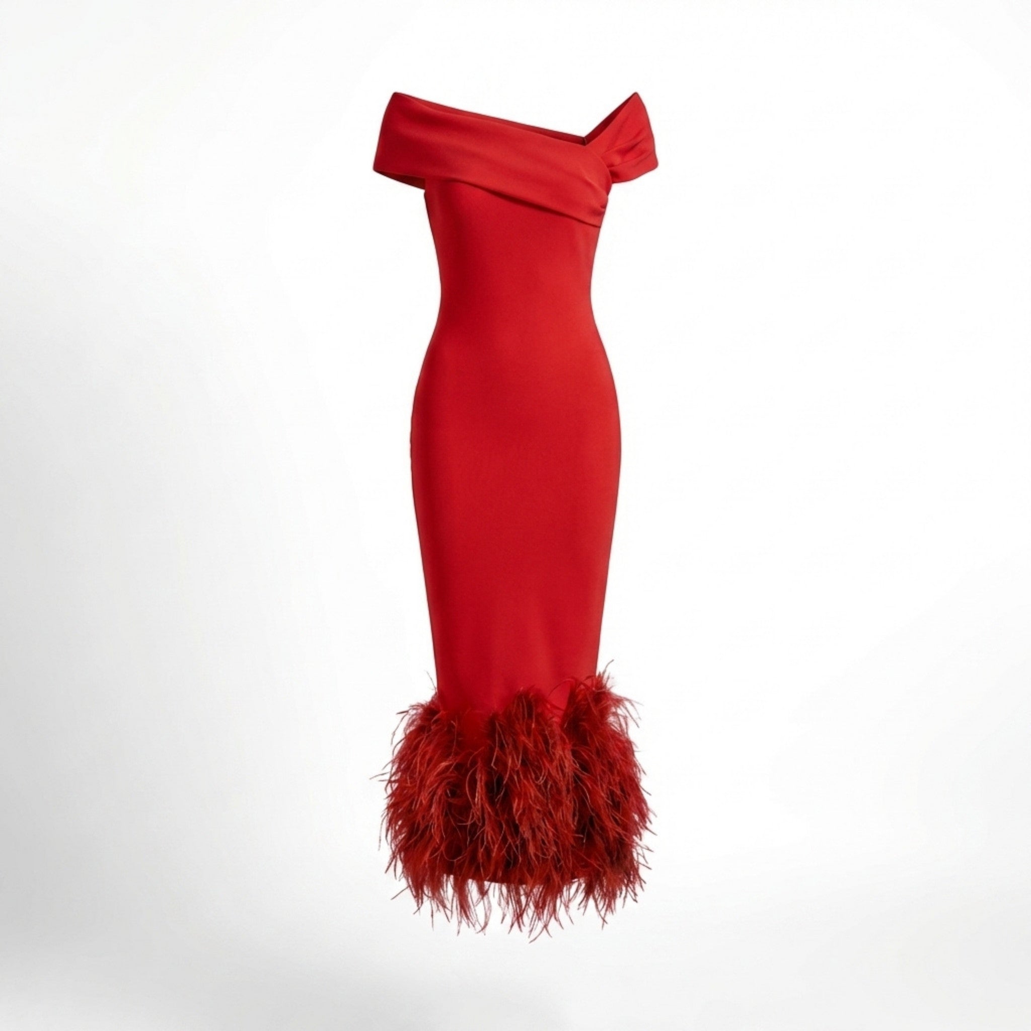 Women’s Off Shoulder Midi Dress – Feather Hem Sheath