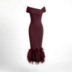 Women’s Off Shoulder Midi Dress – Feather Hem Sheath