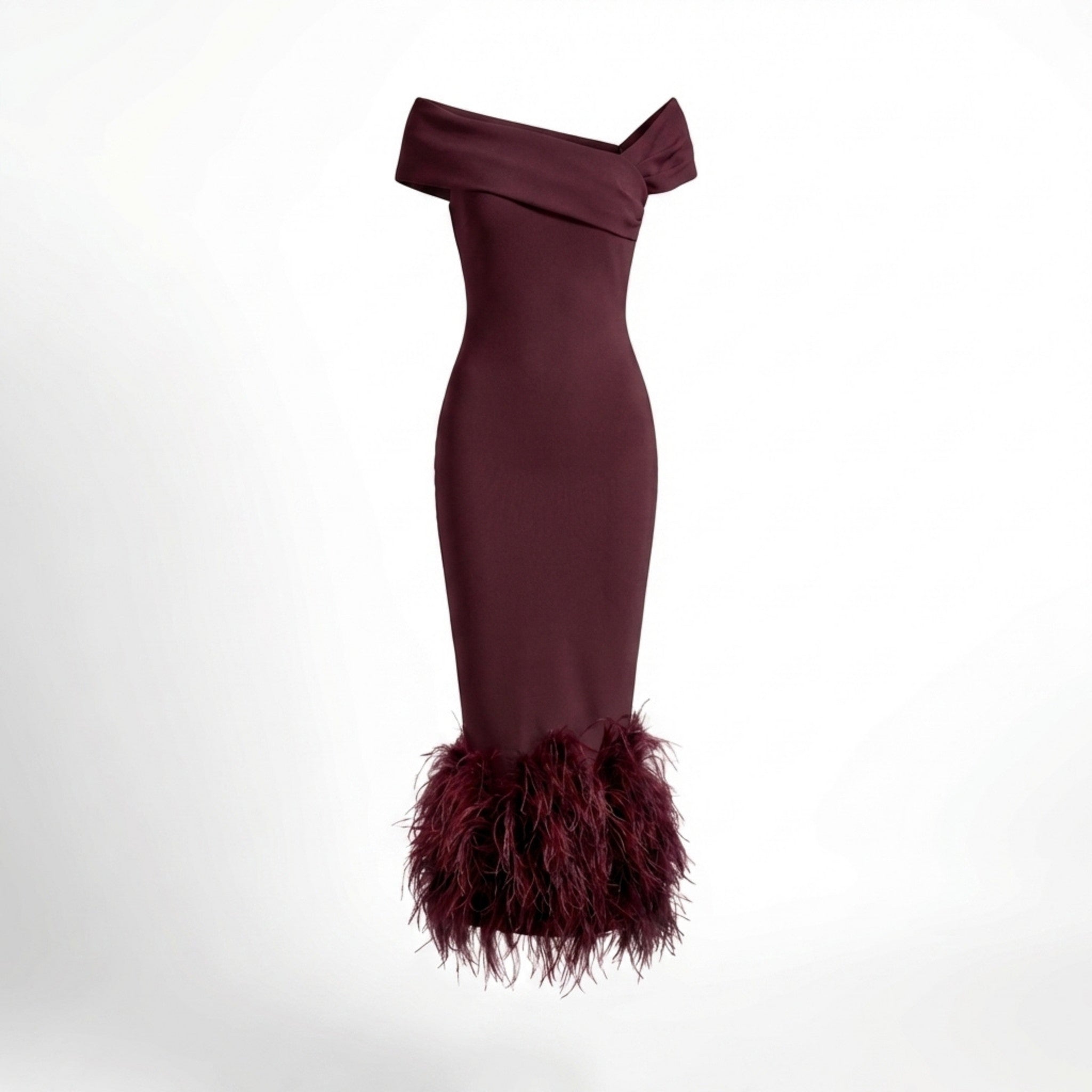 Women’s Off Shoulder Midi Dress – Feather Hem Sheath