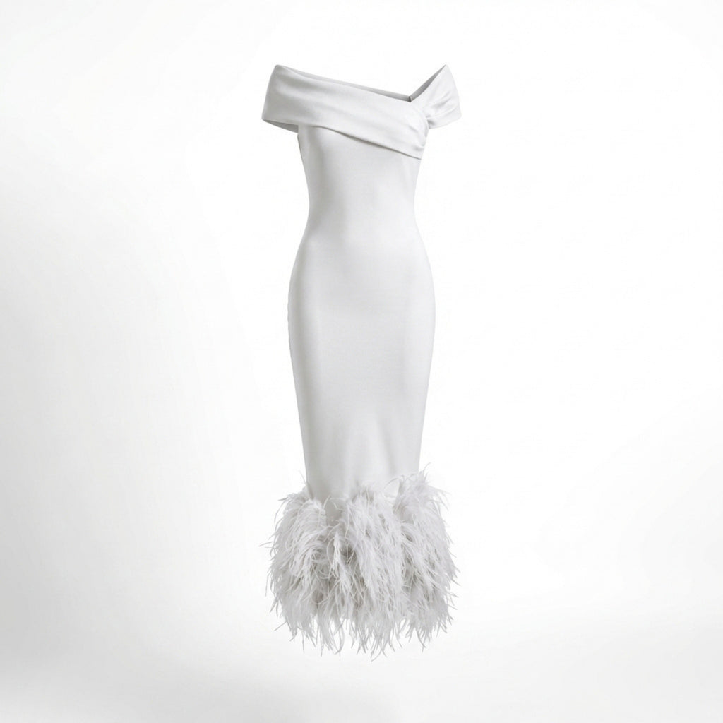 Women’s Off Shoulder Midi Dress – Feather Hem Sheath