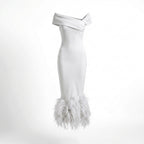 Women’s Off Shoulder Midi Dress – Feather Hem Sheath