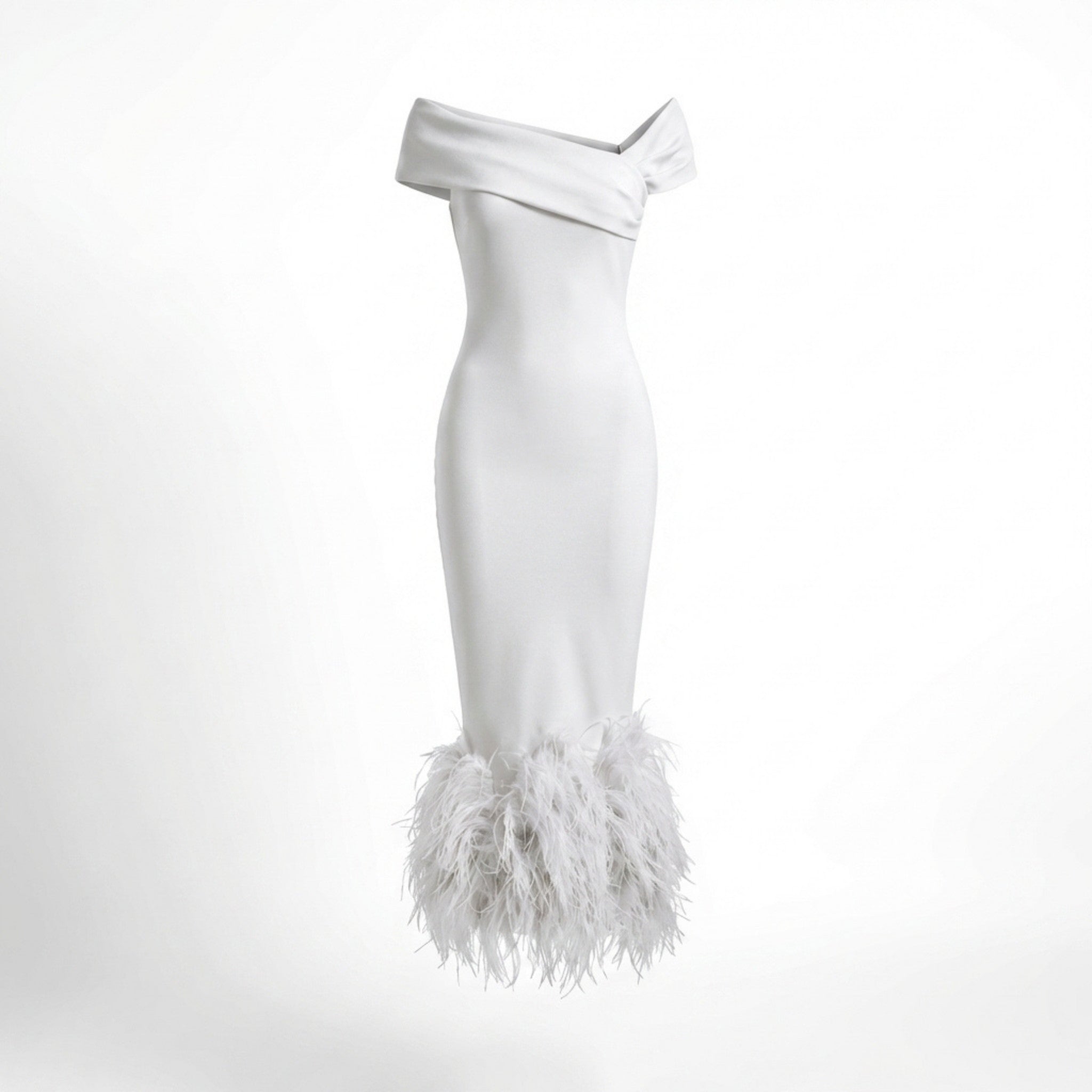 Women’s Off Shoulder Midi Dress – Feather Hem Sheath