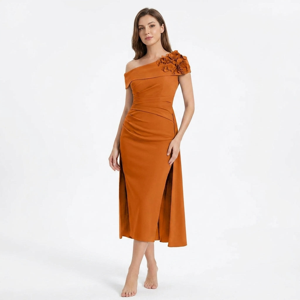 Women’s Off Shoulder Midi Dress – Sheath Pleated Floral