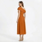 Women’s Off Shoulder Midi Dress – Sheath Pleated Floral
