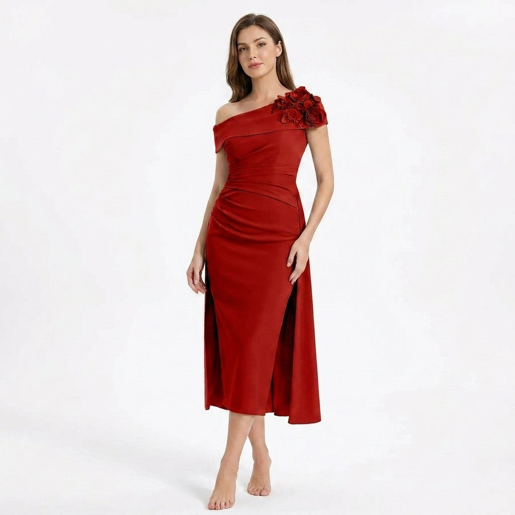 Women’s Off Shoulder Midi Dress – Sheath Pleated Floral