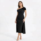 Women’s Off Shoulder Midi Dress – Sheath Pleated Floral