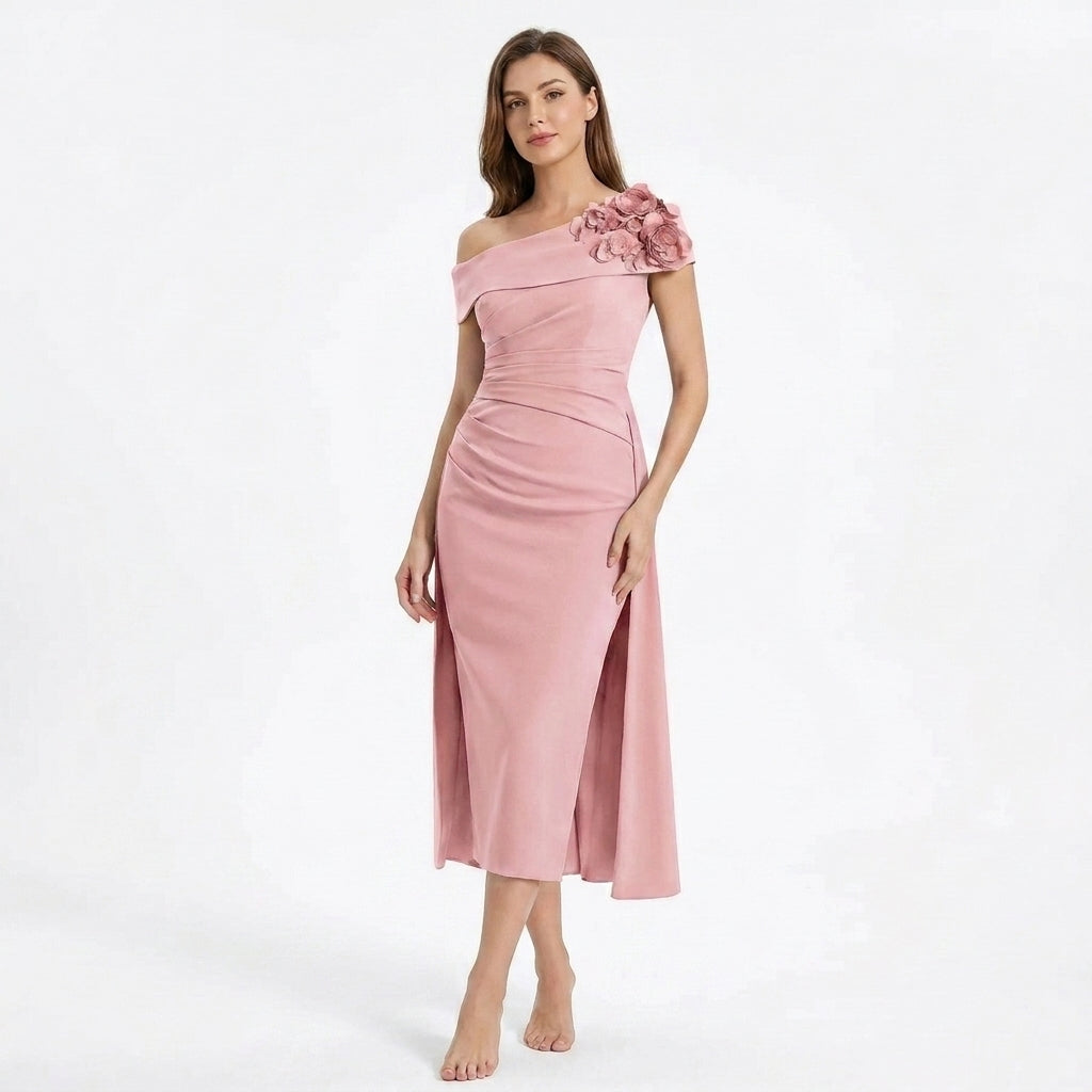 Women’s Off Shoulder Midi Dress – Sheath Pleated Floral