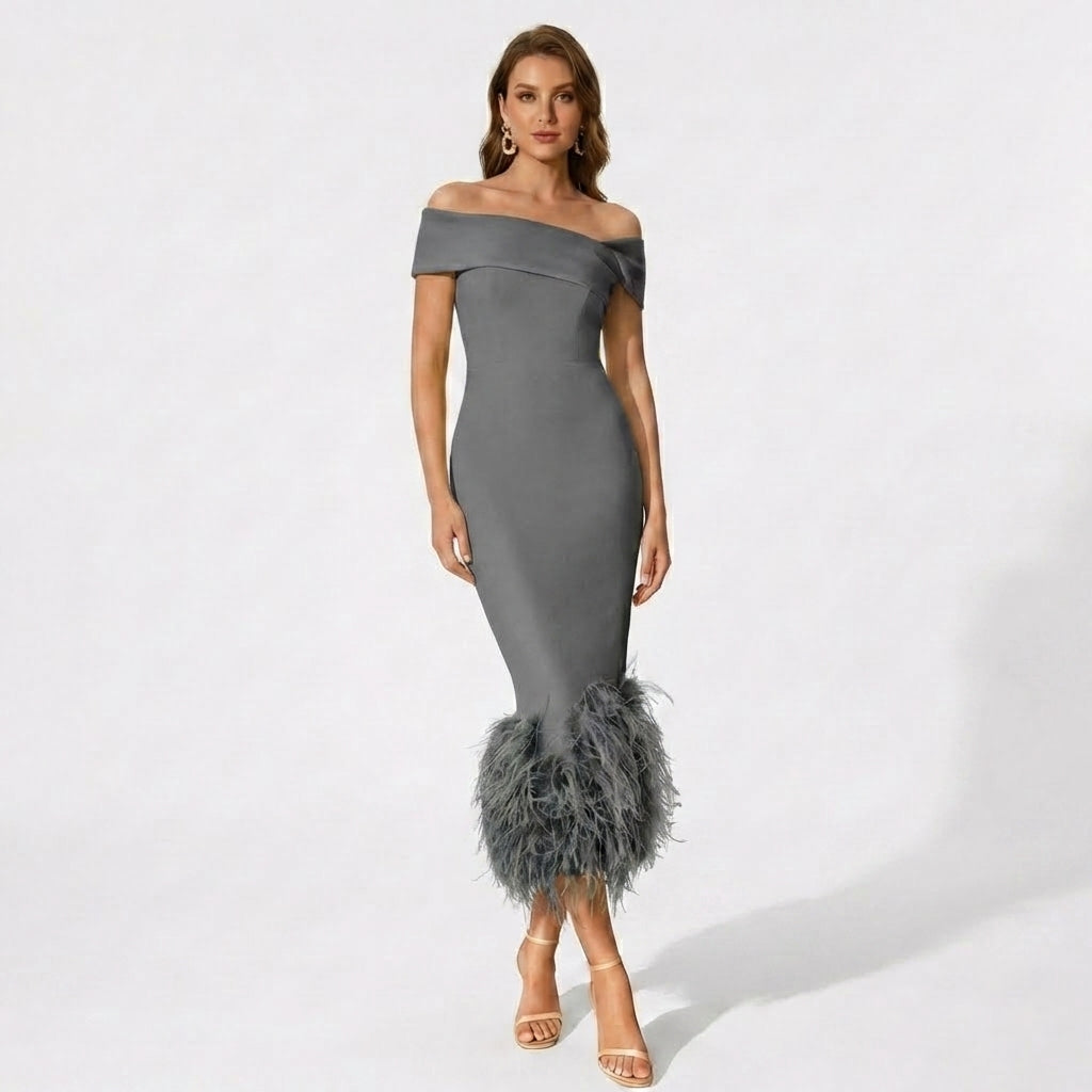 Women’s Off Shoulder Midi Dress – Feather Hem Sheath